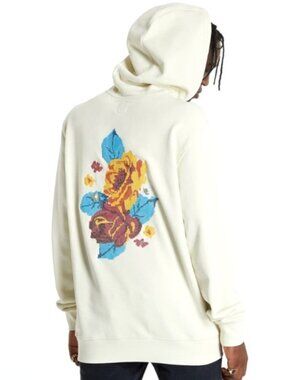 Vans Men's Sz L Cream Hoodie With Embroidered Floral Design Front Pocket